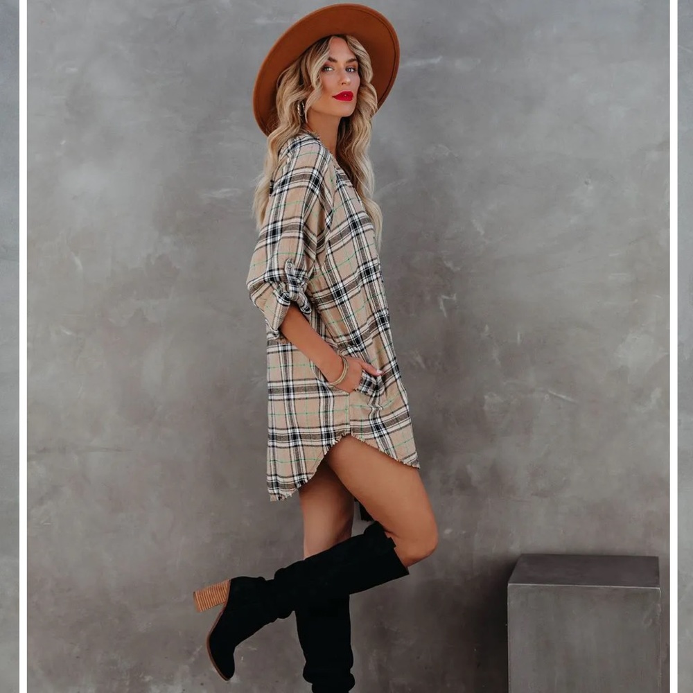 Vici- TUCKER COTTON BLEND POCKETED PLAID DRESS